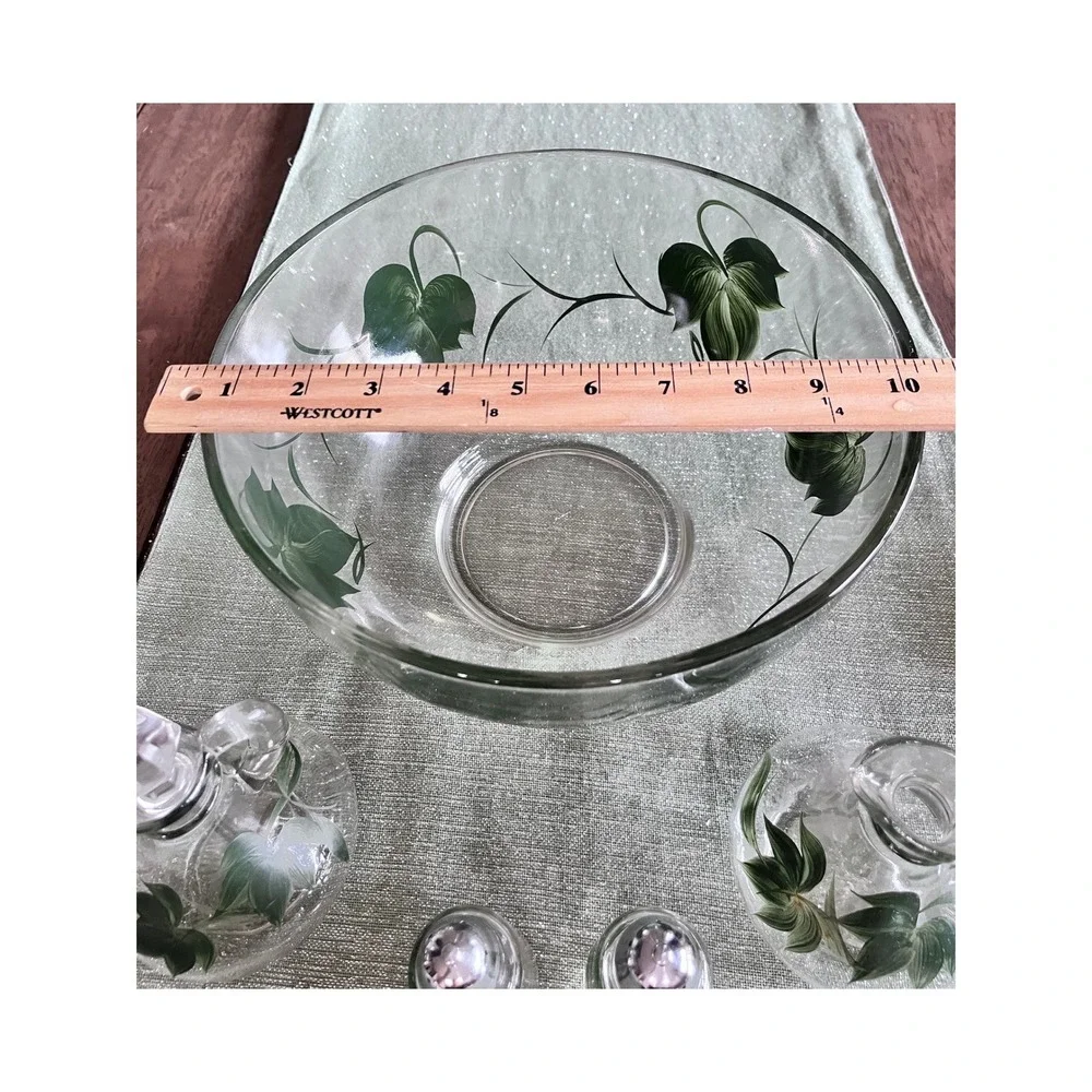 Vintage Hazel Atlas Green Ivy Glass Salad Set Bowl Cruets Salt Pepper Shakers